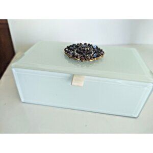 Decorative Mint Green Glass Jewelery Box with Rhinestone Brooch 5 1/2" x 3" x 2"
